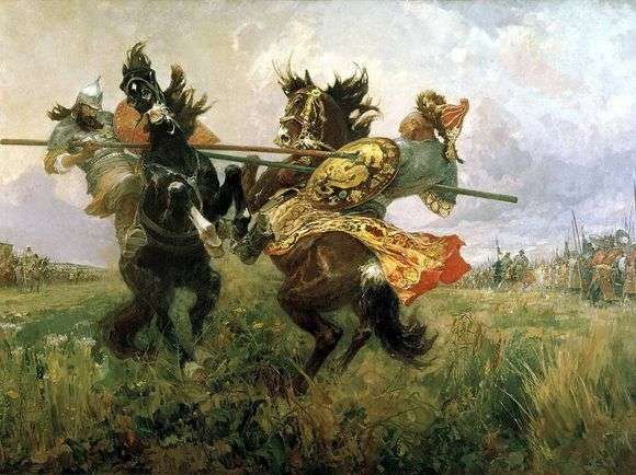 Описание картины Михаила Авилова «Поединок на Куликовом поле»