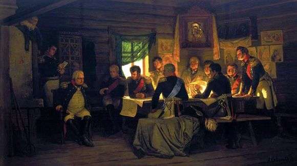 Описание картины Алексея Даниловича Кившенко «Военный совет в Филях (1812)»