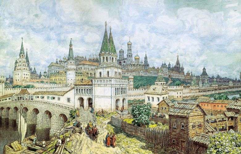 Описание картины Аполлинария Васнецова «Расцвет Кремля. Всехсвятский мост и Кремль в конце XVII века»