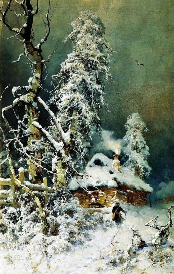 Описание картины Юлия Клевера «Зимний пейзаж с избушкой»