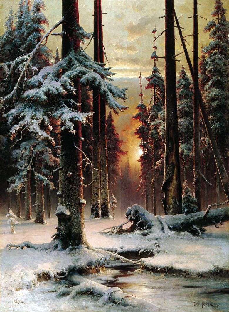Описание картины Юлия Клевера «Зимний закат в еловом лесу»