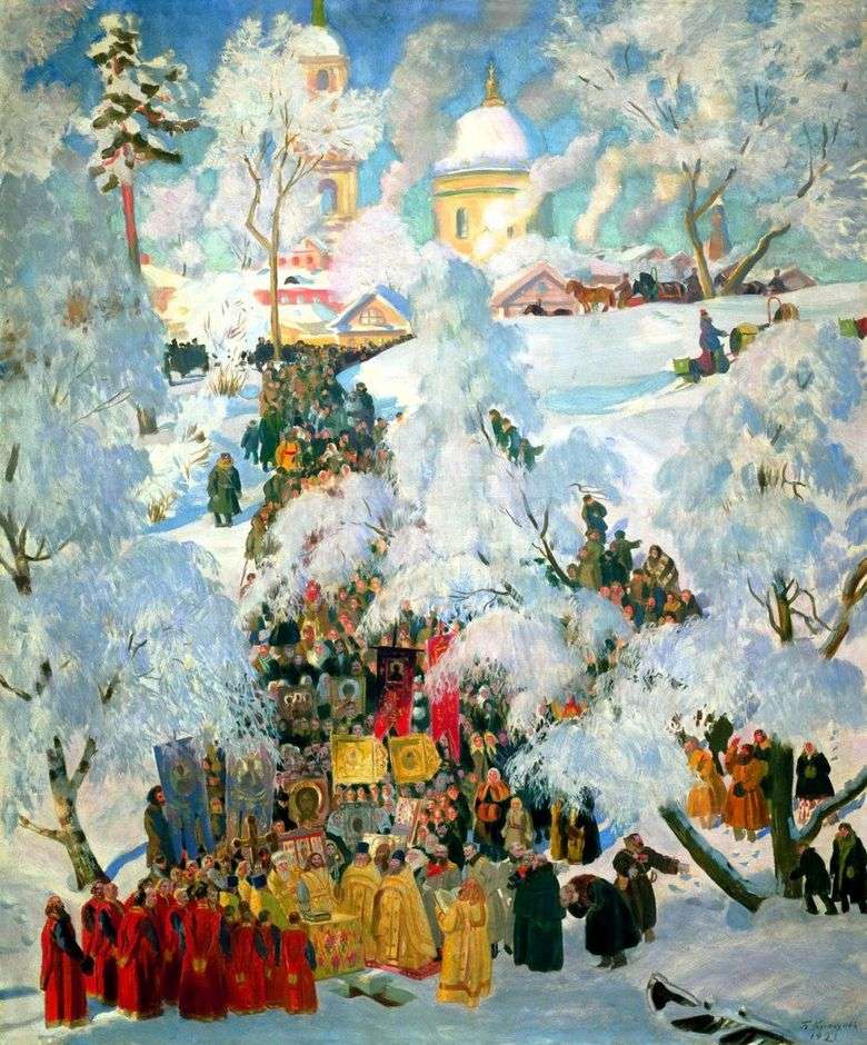 Описание картины Бориса Кустодиева «Крещенское водосвятие» (1921)