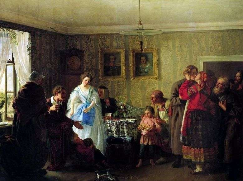 Описание картины Григория Мясоедова «Поздравление молодых в доме помещика»